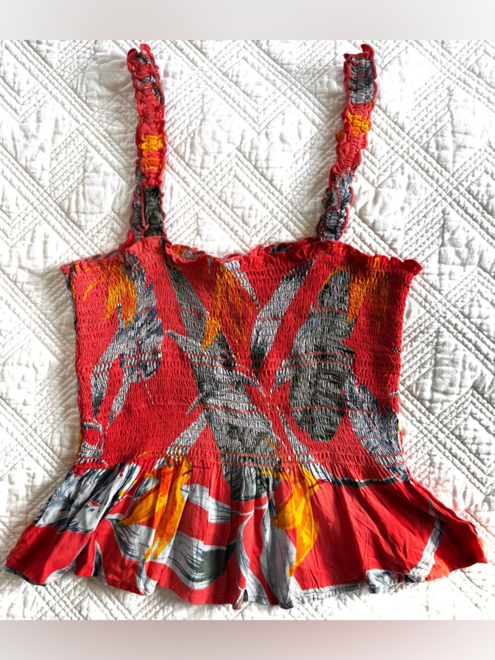 Patrons of Peace Coral Floral Tropical Smocked Peplum Cropped Tank Top Medium